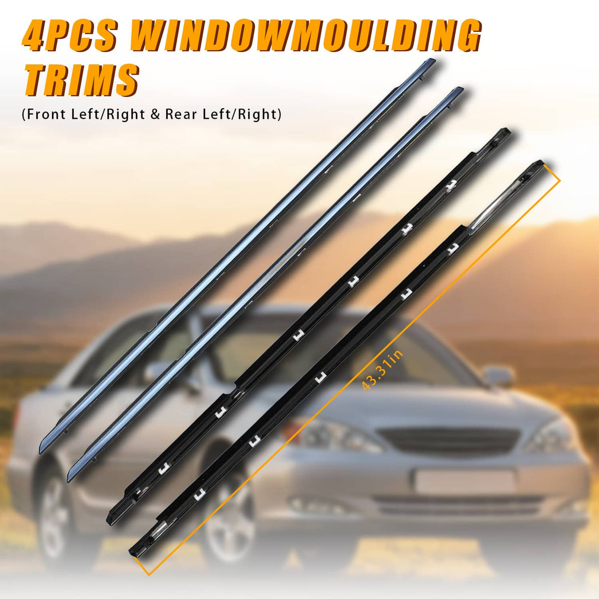 Four window molding trim weather strips in black and silver tones, set of 4