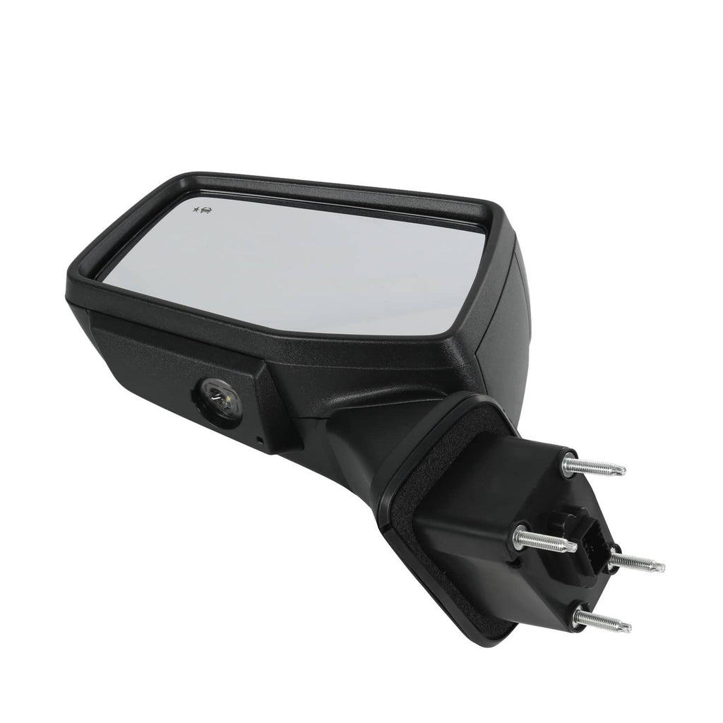 Black side mirror with clear glass and mounting base, rear-left angled view
