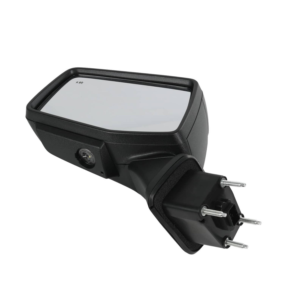 Black side mirror with clear glass and mounting base, rear-left angled view