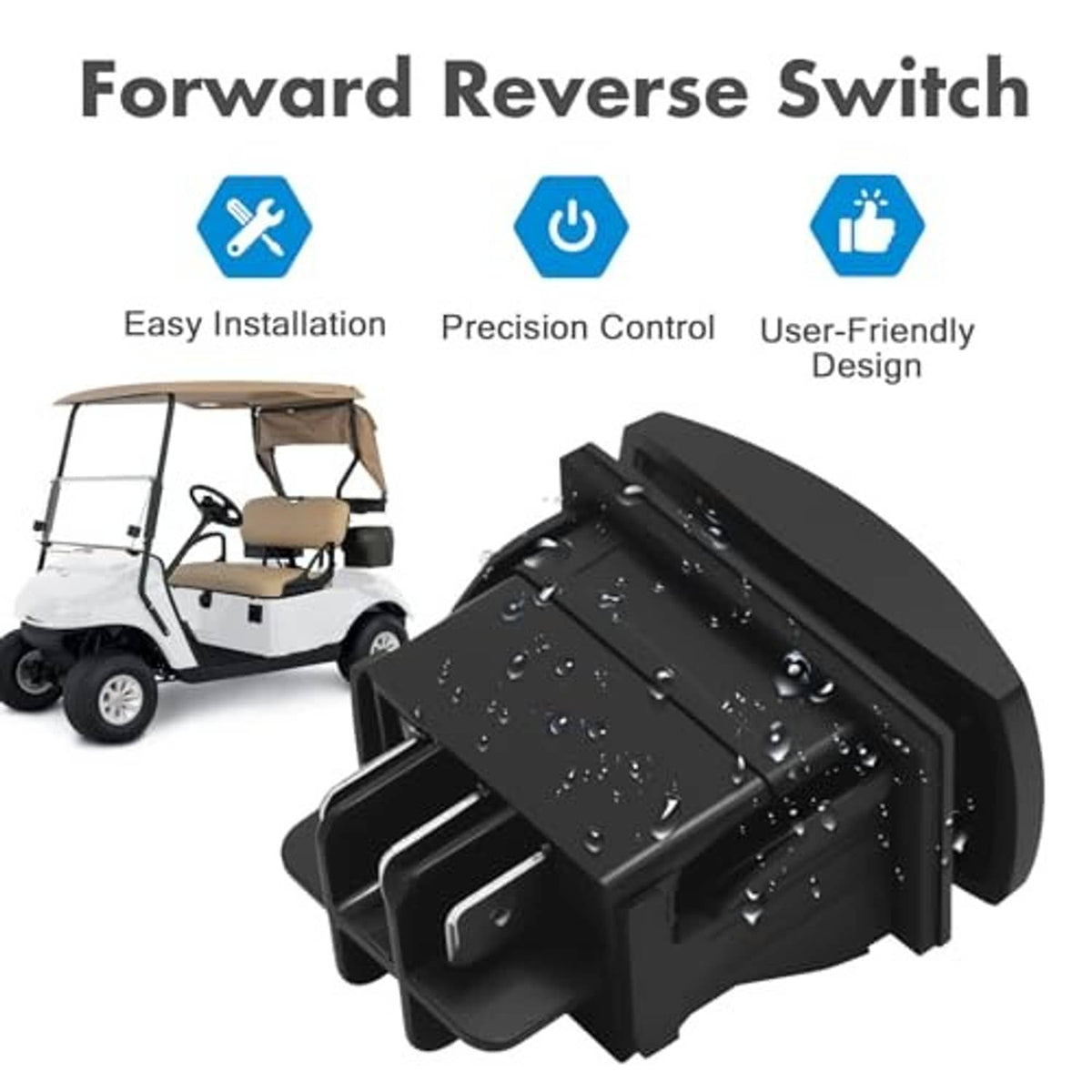 Black forward/reverse switch with curved cap, multiple tabs, and connector housing