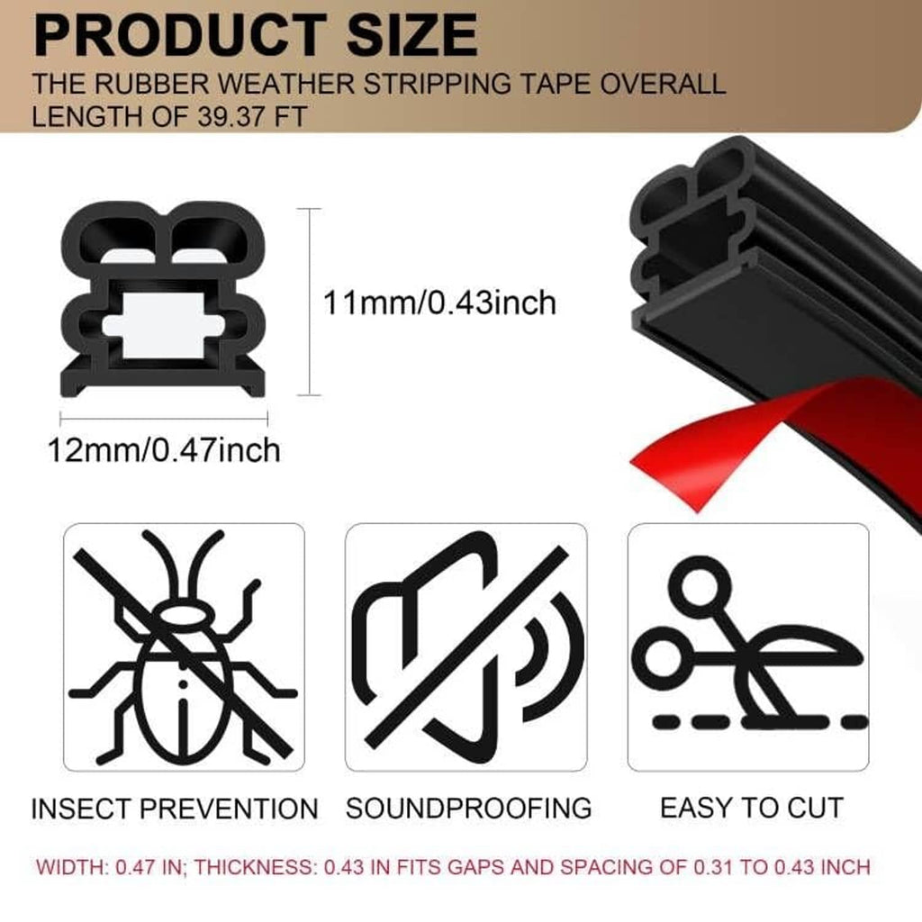 Black rubber weather stripping seal strip, 12mm wide U-shaped channel