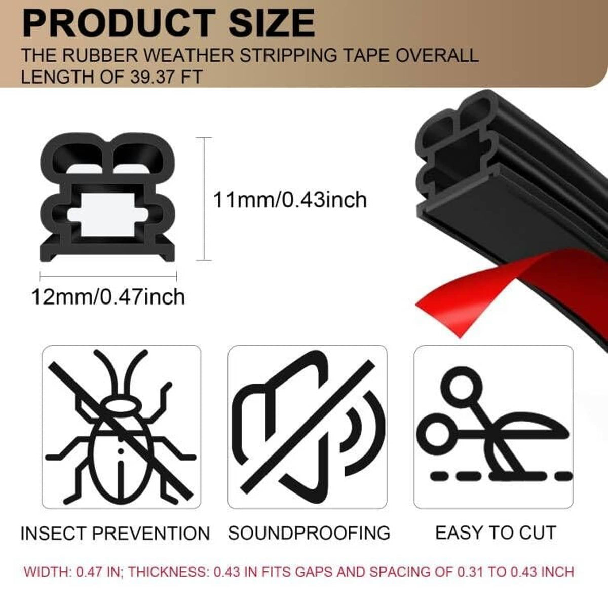 Black rubber weather stripping seal strip, 12mm wide U-shaped channel