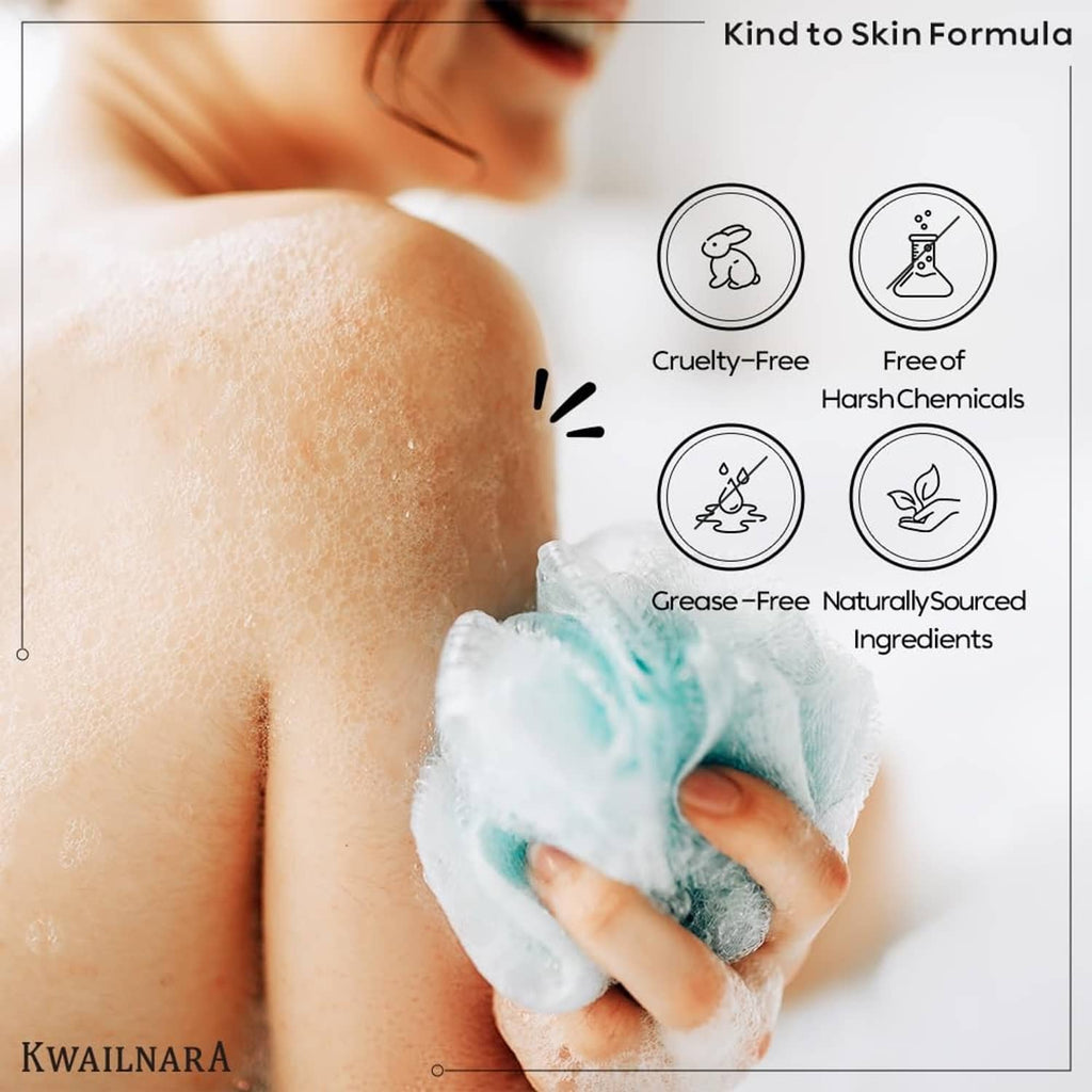 Body wash infographic showing lather and cruelty-free free-of-harsh-chemicals icons
