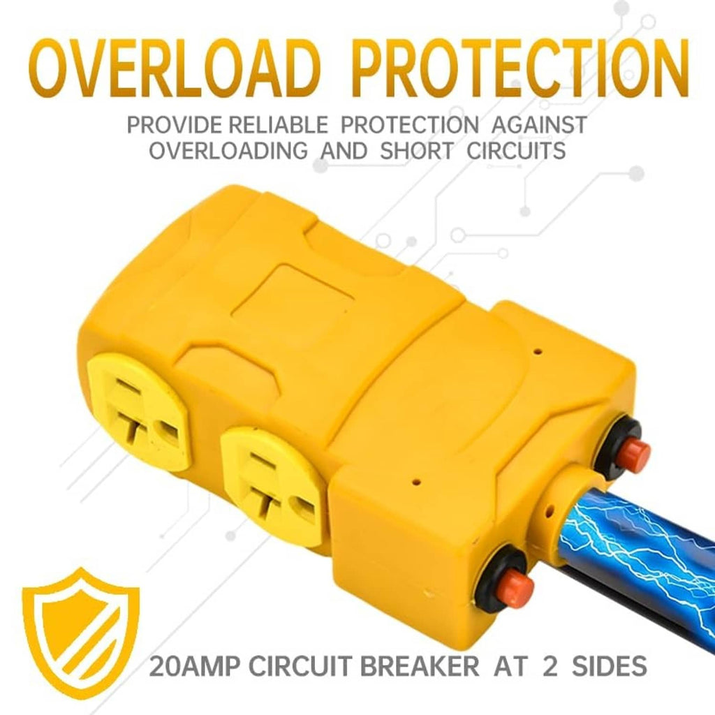 Yellow generator power adapter with built-in circuit breaker, two 5-20R outlets