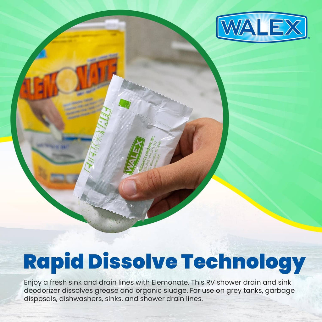 Hand holding WALEX Elemonate white dissolvable deodorizer sachet
