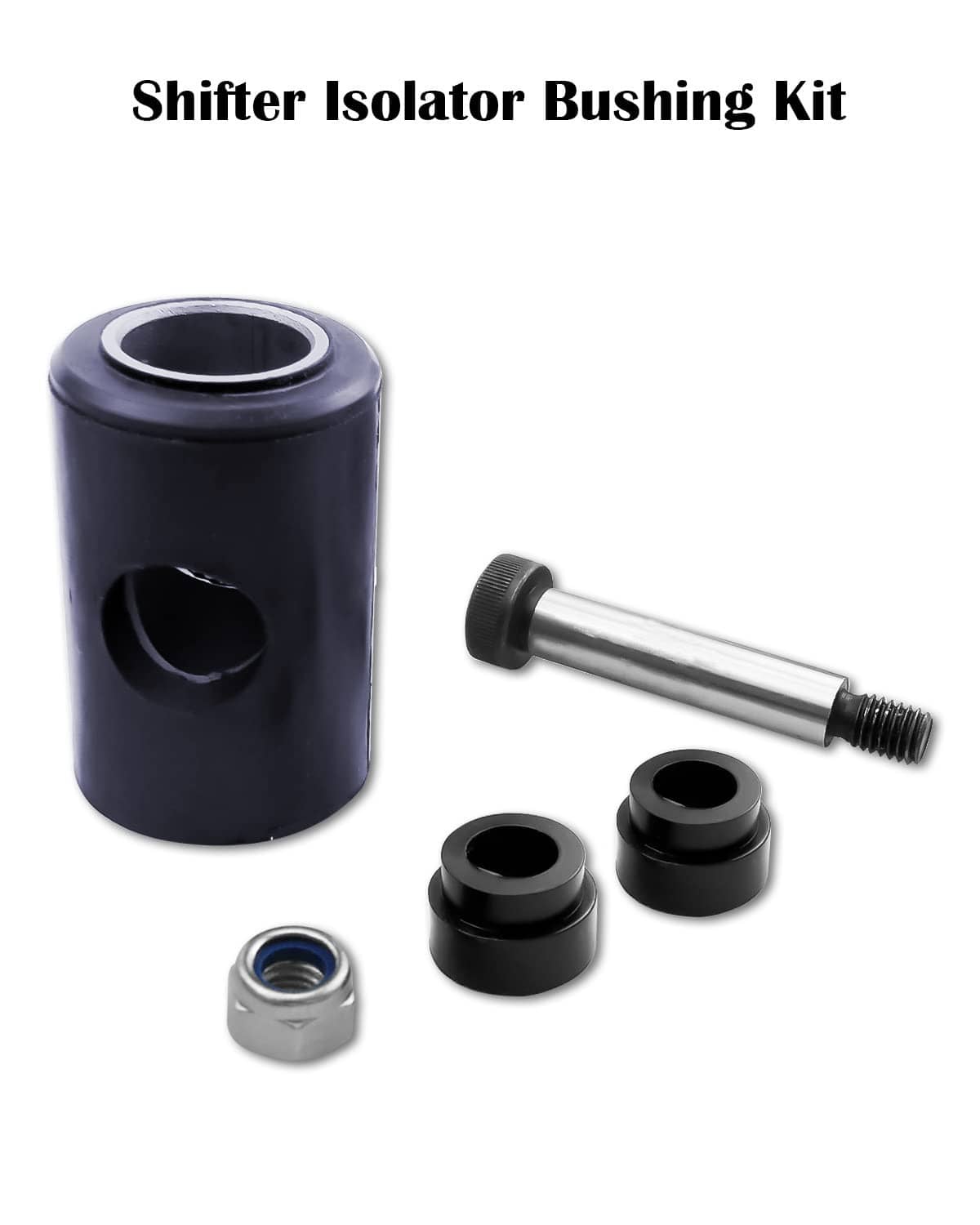 Shifter isolator bushing kit with black bushing, shoulder bolt, and step bushings