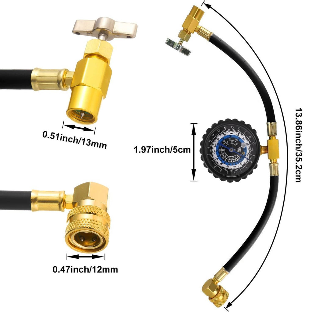 R134a recharge hose kit with pressure gauge and brass fittings, shown with dimensions