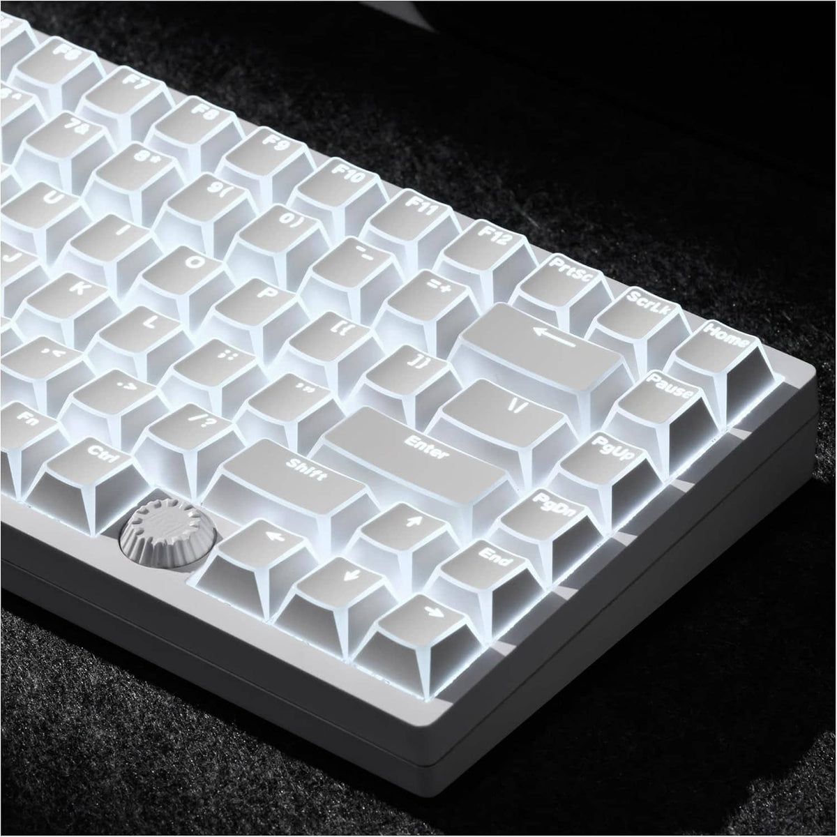 White PBT keyboard keycaps set with shine-through legends, Cherry profile.