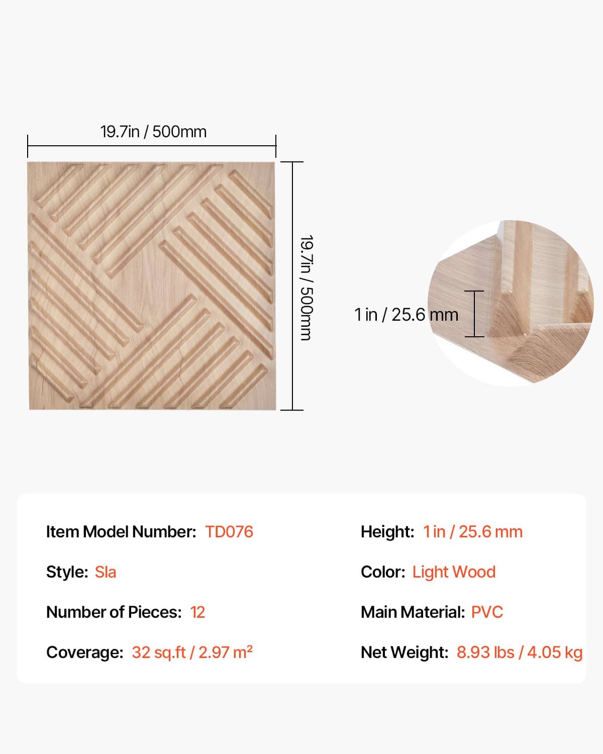 Light wood 3D slat wall panel with size diagram and thickness measurement.