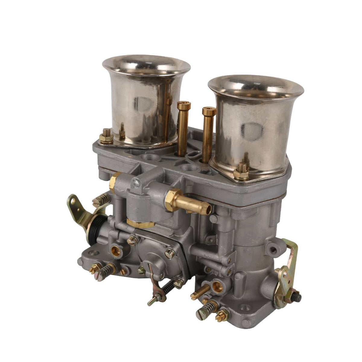 Two-barrel carburetor engine with twin chrome intakes, gray aluminum body and brass fittings