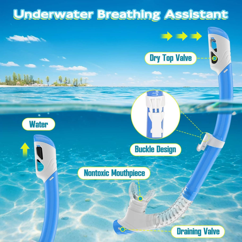 Blue kids snorkel with dry top valve, mouthpiece, and draining valve