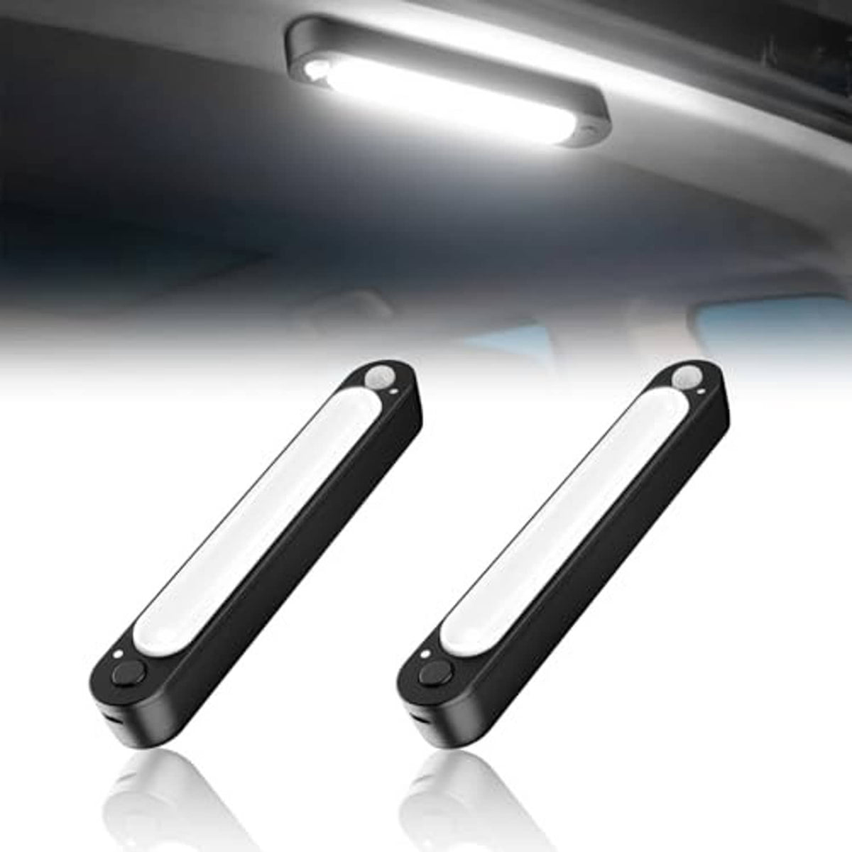 Two wireless interior light bars with black housing and bright white LED strip, compact size
