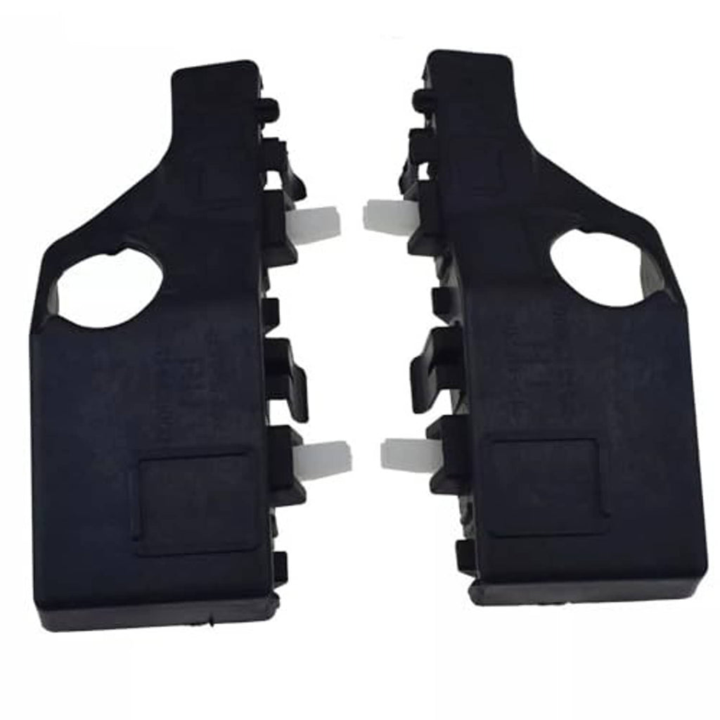 Pair of black front bumper retainer brackets, left and right, side view with tabs