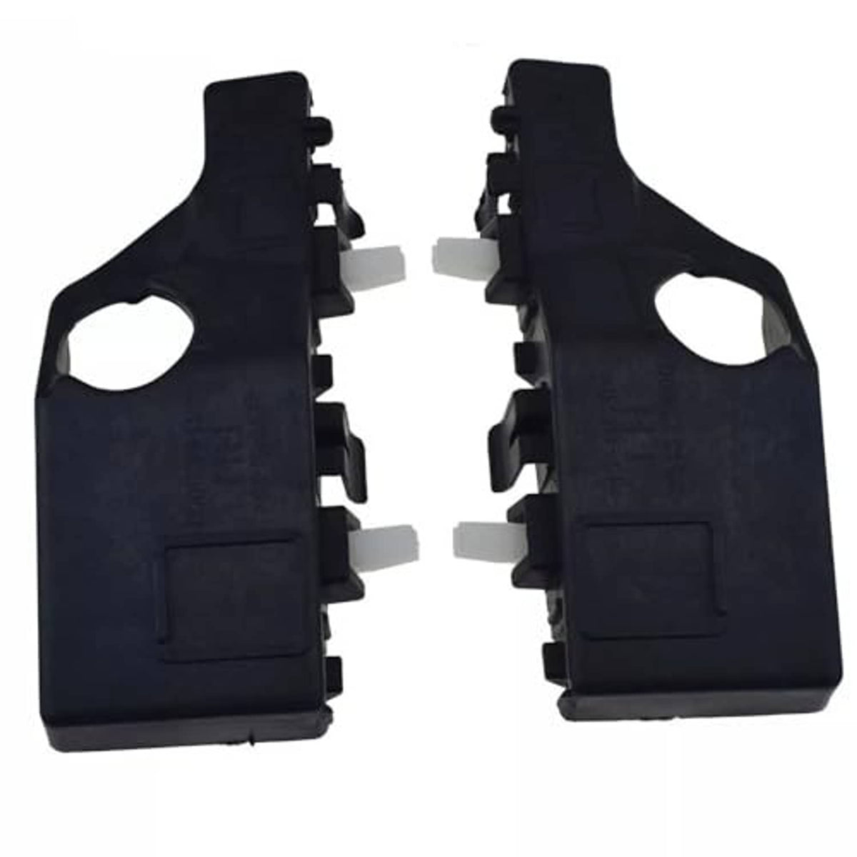 Pair of black front bumper retainer brackets, left and right, side view with tabs