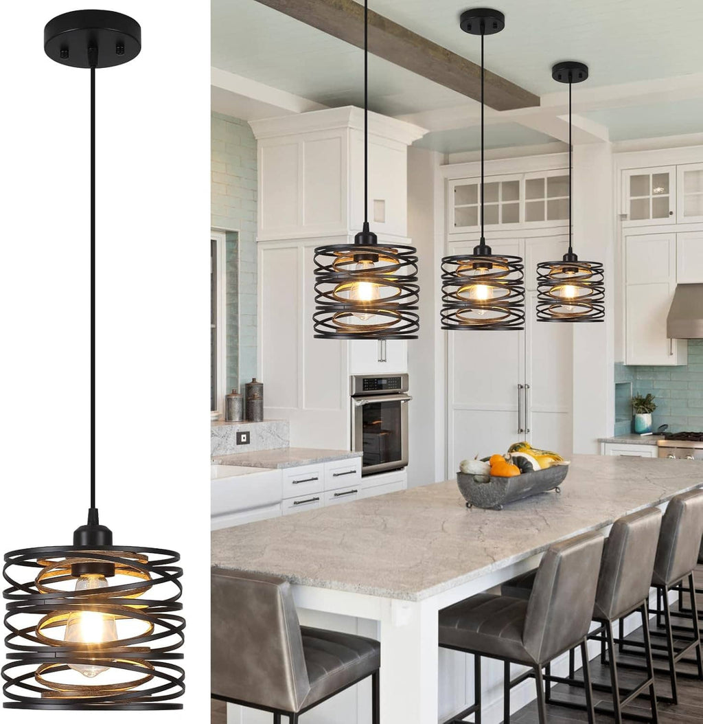 Black pendant light with metal cage shade and warm glass bulb, hanging on cord