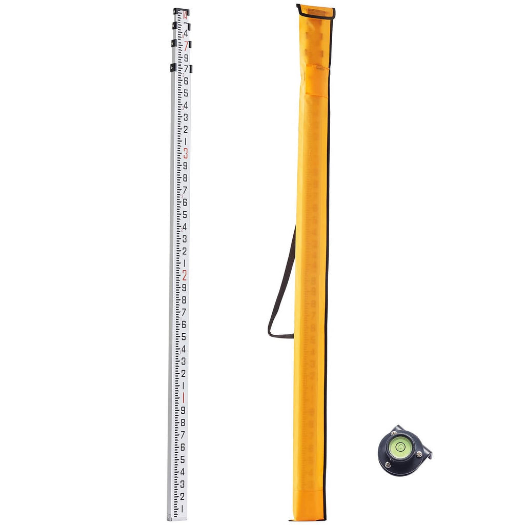 Yellow telescopic measuring grade rod with foot markings and round level clip