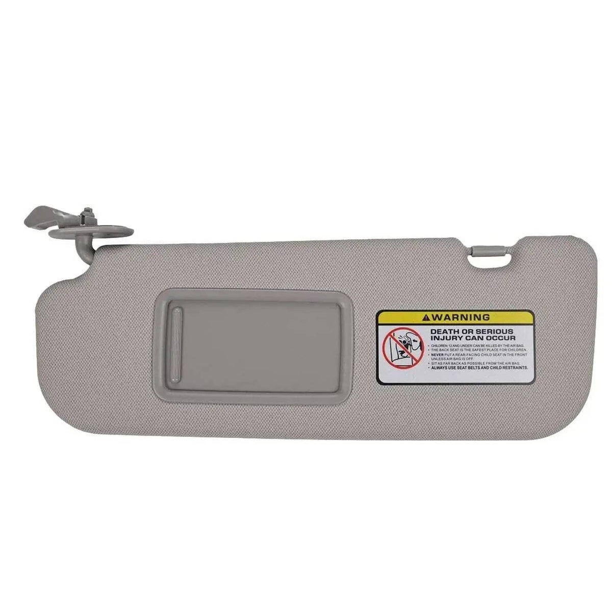 Grey driver-side sun visor with vanity mirror and warning label, left side