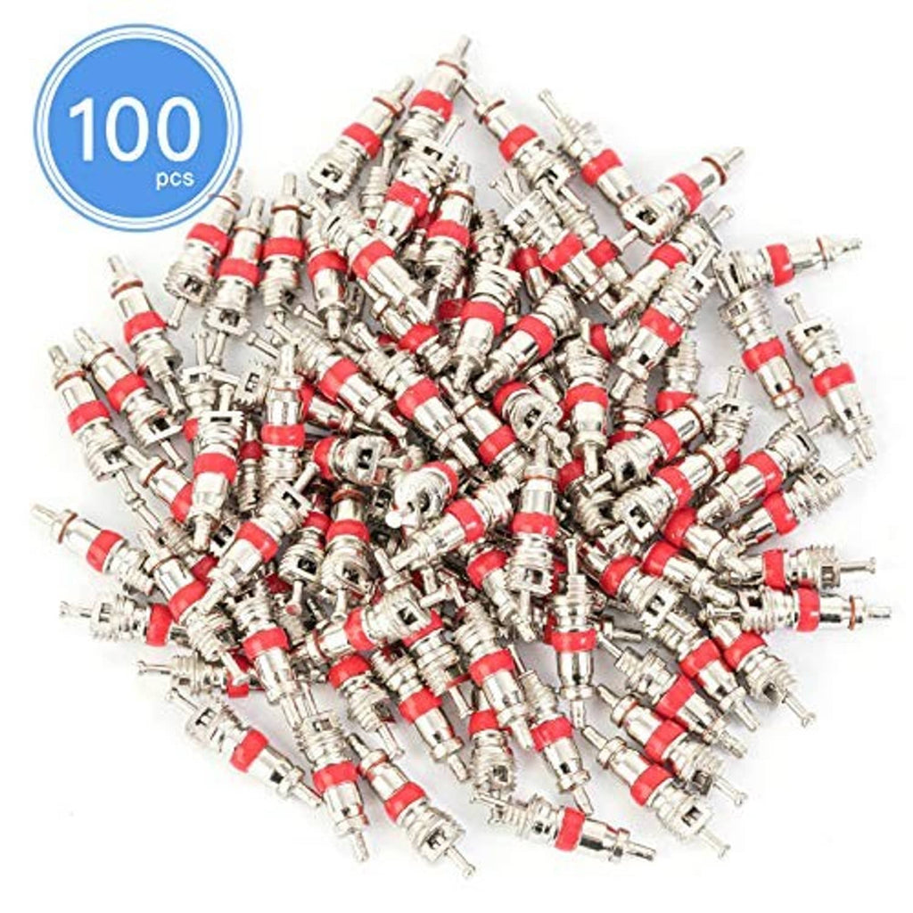Bulk pack of tire valve cores, red-and-silver metal parts for wheel replacement