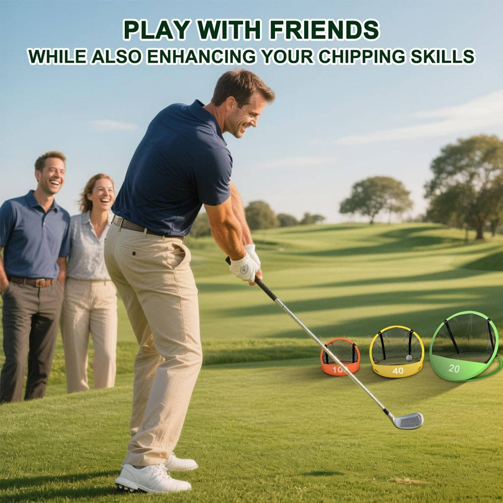 Outdoor golf chipping practice net with three pop-up target nets in orange, yellow, green