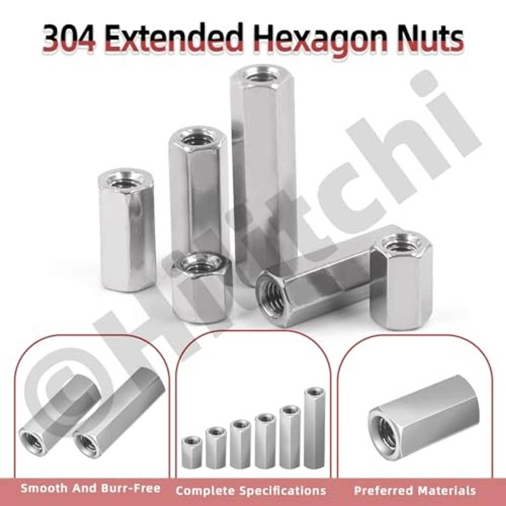 304 stainless steel extended hex nuts, silver with internal threads and hex exterior