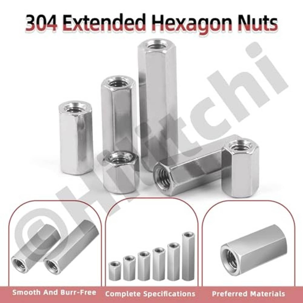 304 stainless steel extended hex nuts, silver with internal threads and hex exterior