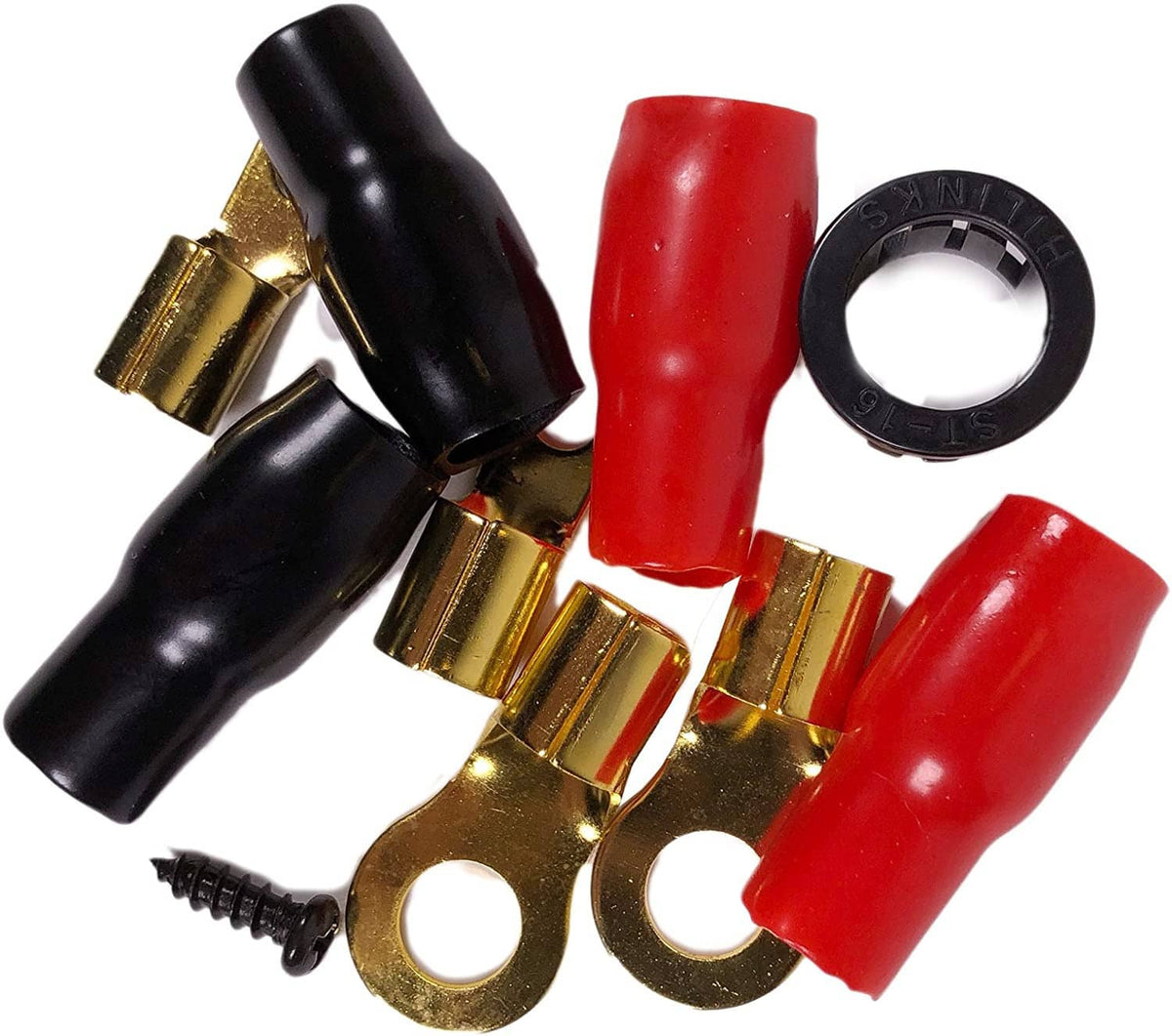 Assorted ring terminals with black and red insulators and gold metal ends