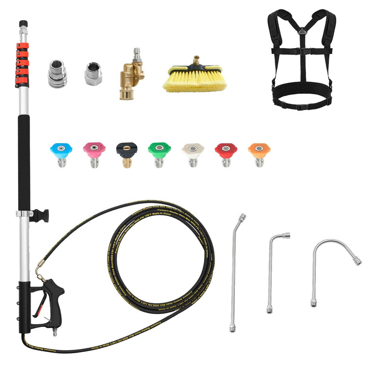 Telescoping pressure washer wand set with 7 nozzles, hose, wands, and storage bag