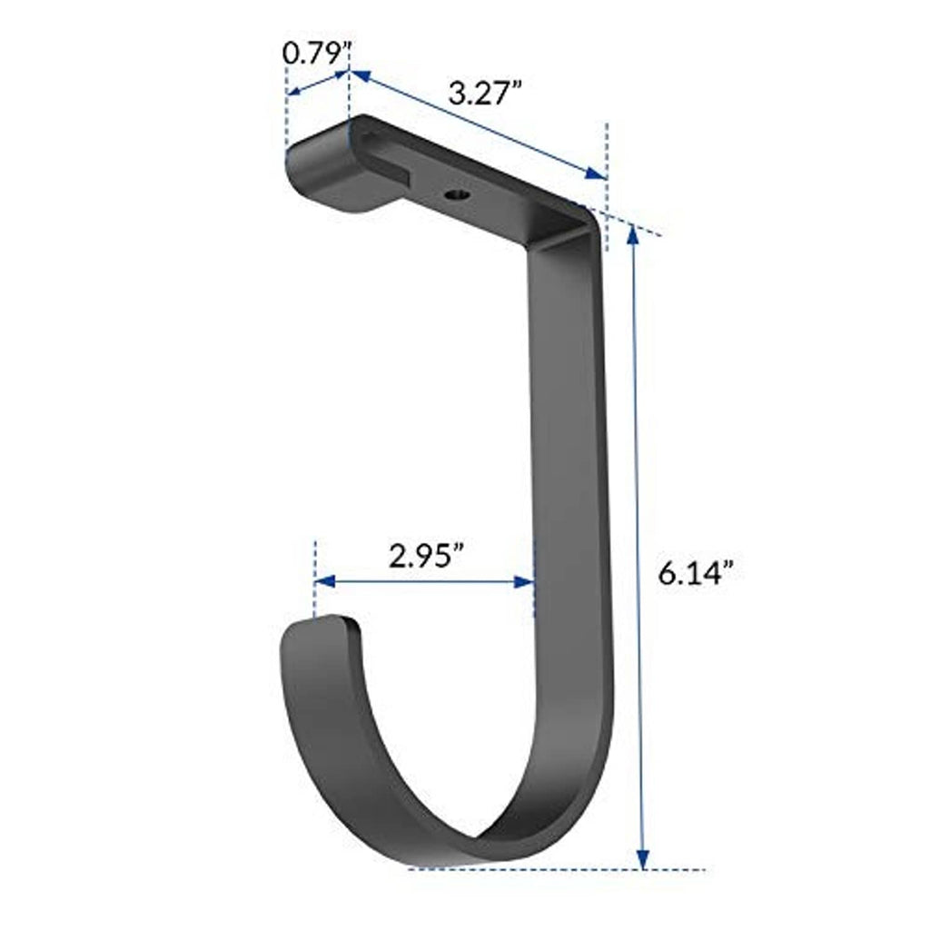 Black flat-top storage hook with curved U shape; shown with measurement callouts