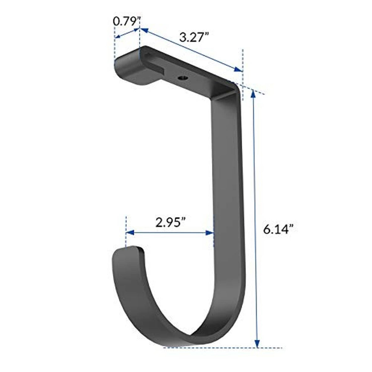 Black flat-top storage hook with curved U shape; shown with measurement callouts