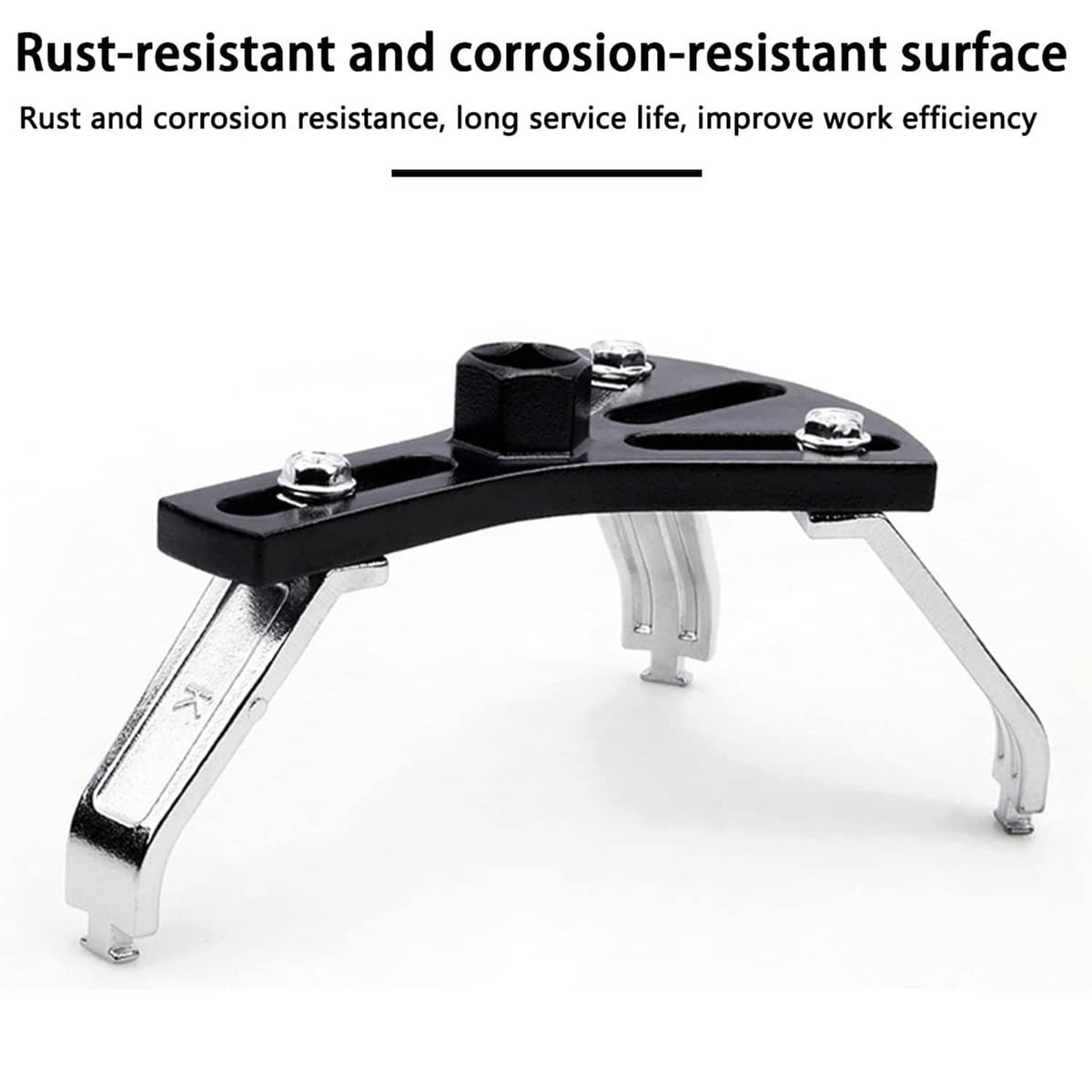 Black and silver fuel tank lid removal tool with support legs and hex bolts
