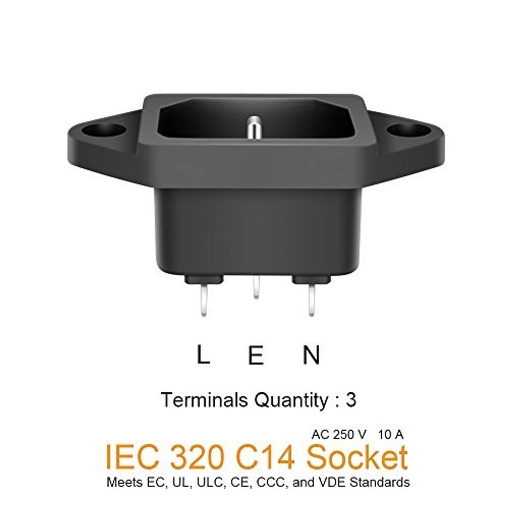 IEC 320 C14 panel-mount power socket adapter bottom view with three metal terminals