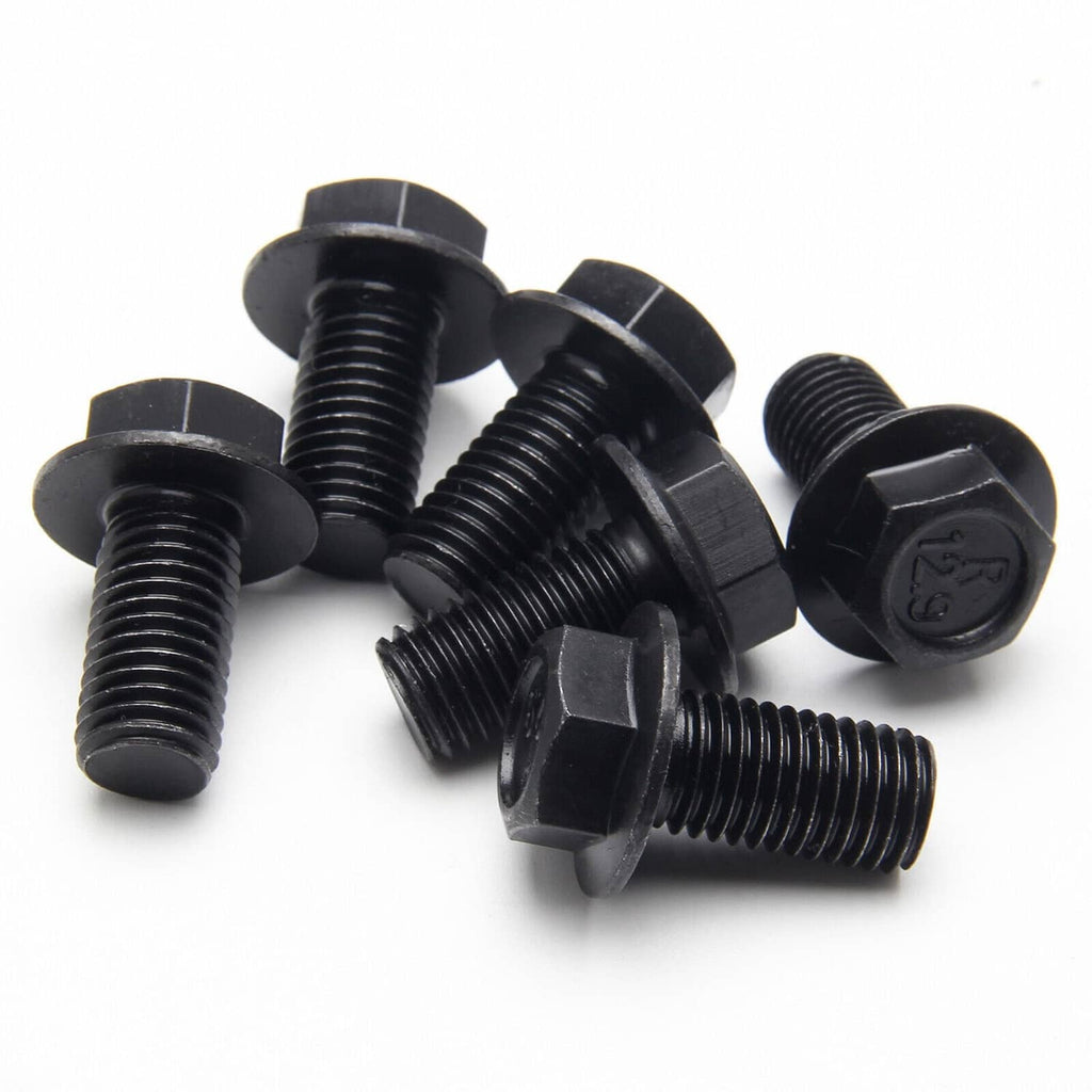 Black flexplate bolts with hex heads and threaded shafts, hardware set