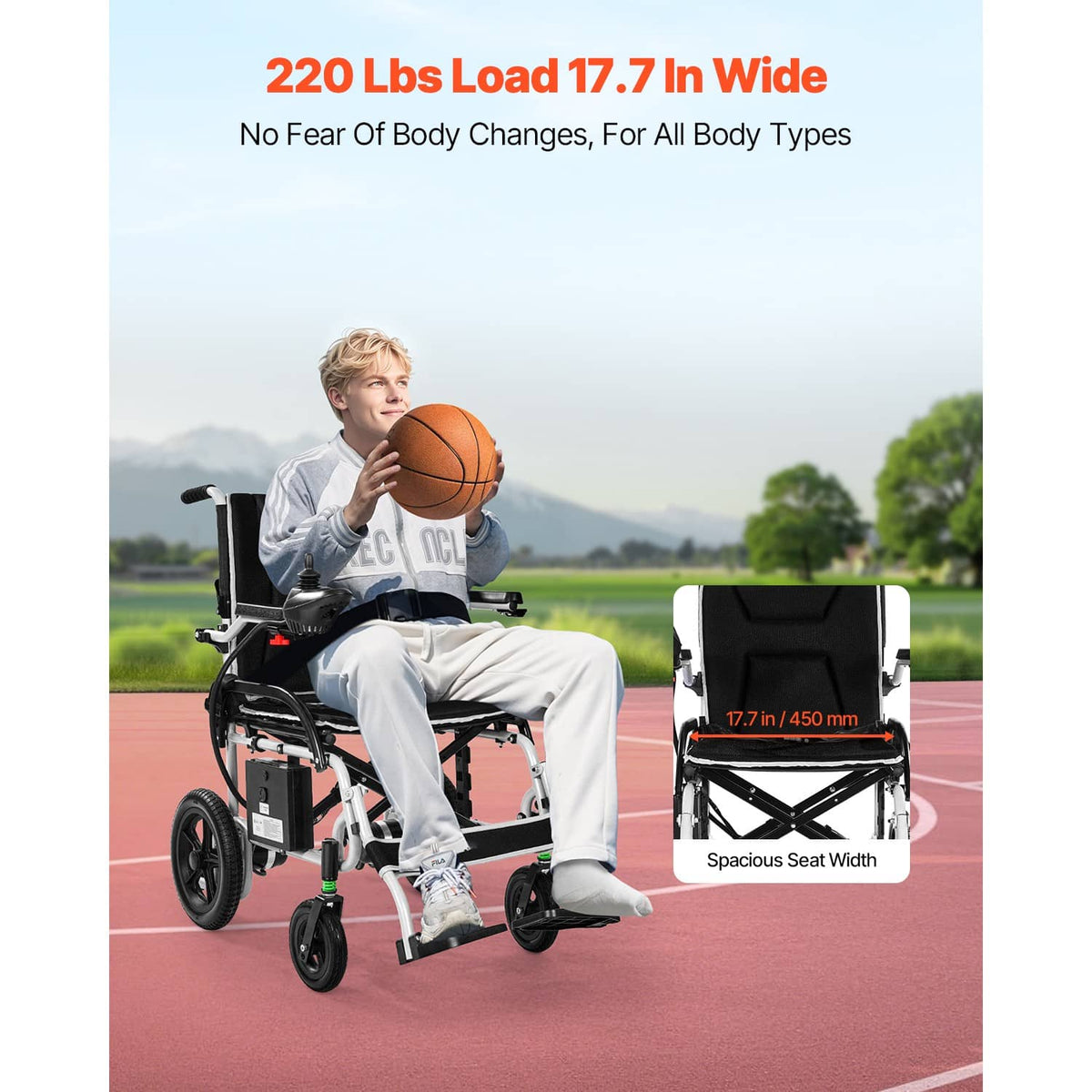 Electric wheelchair with wide black seat cushion and black arm/joystick controls