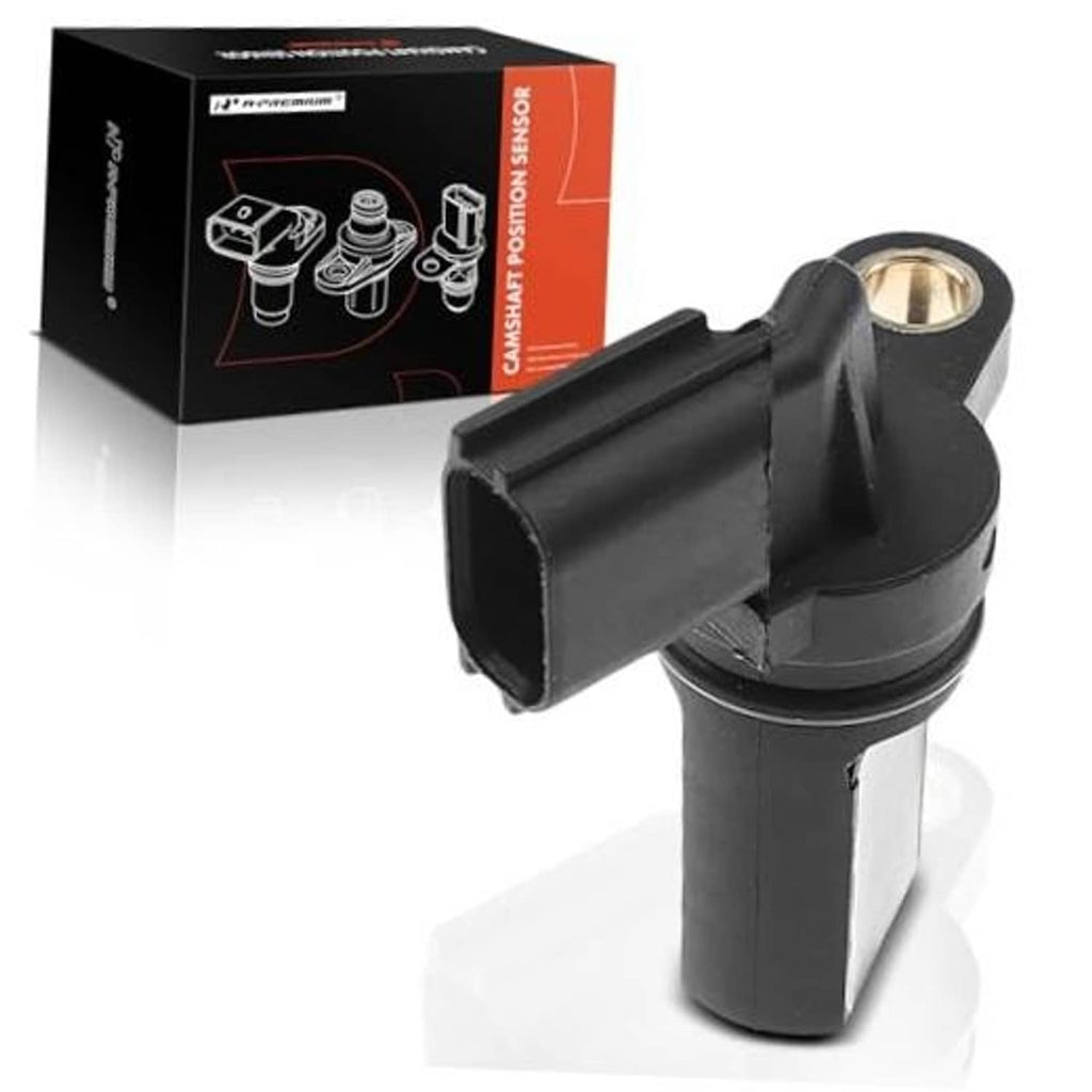 Black camshaft position sensor with metal electrical terminal and mounting base