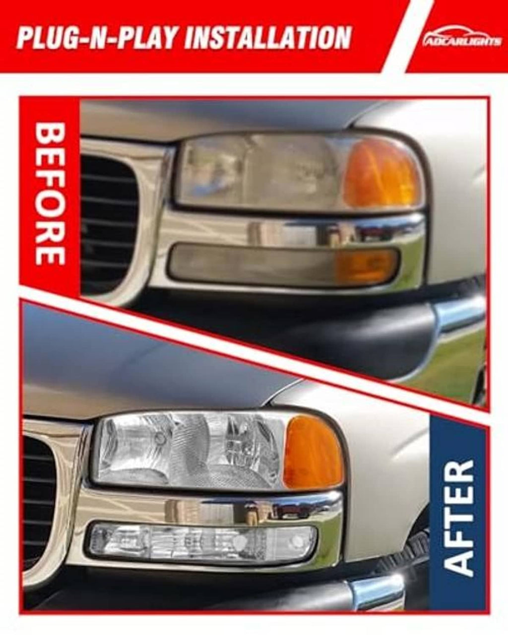 Front headlight assembly with amber side marker and clear multi-lens reflector