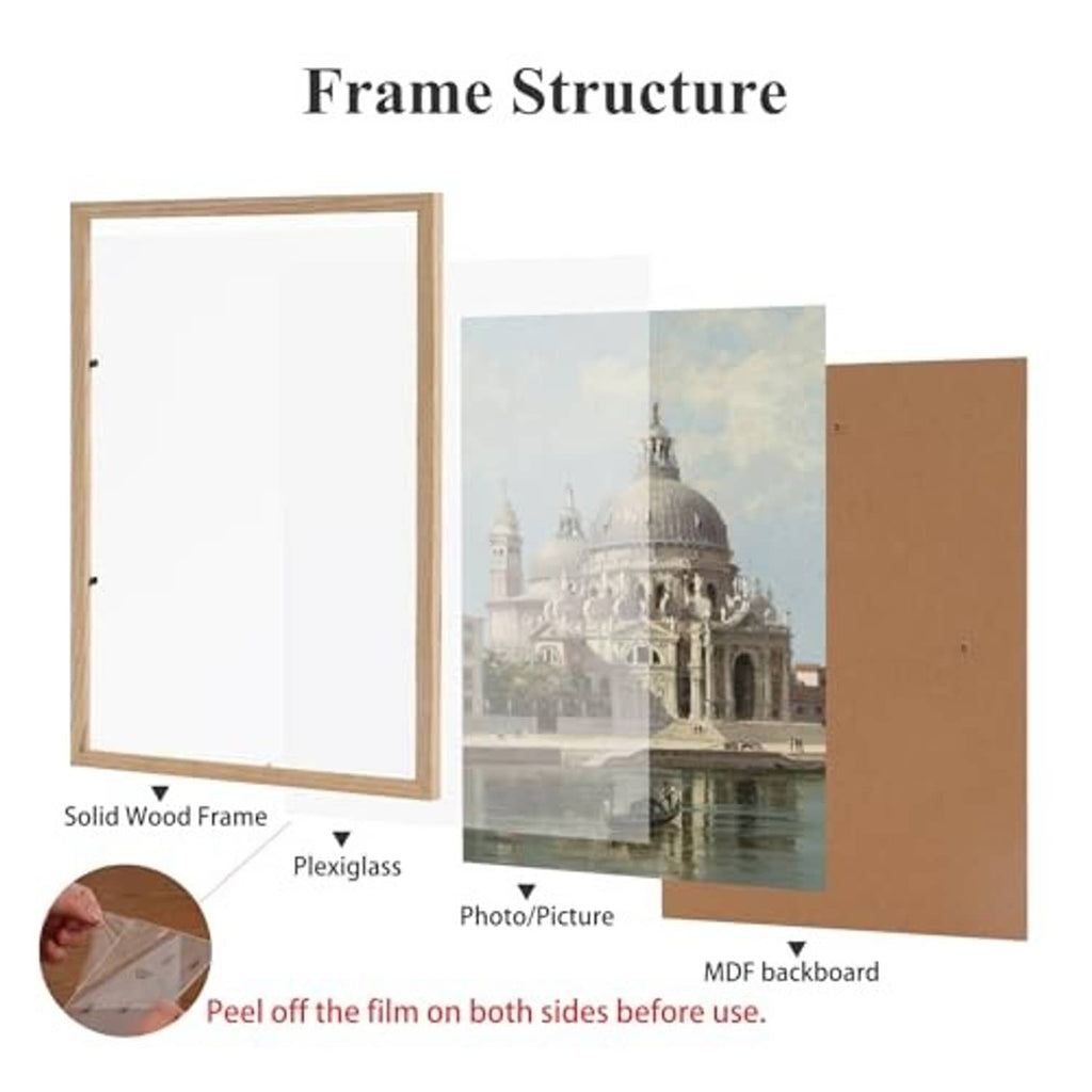 Natural oak 8x10 photo frame showing open structure and protective cover