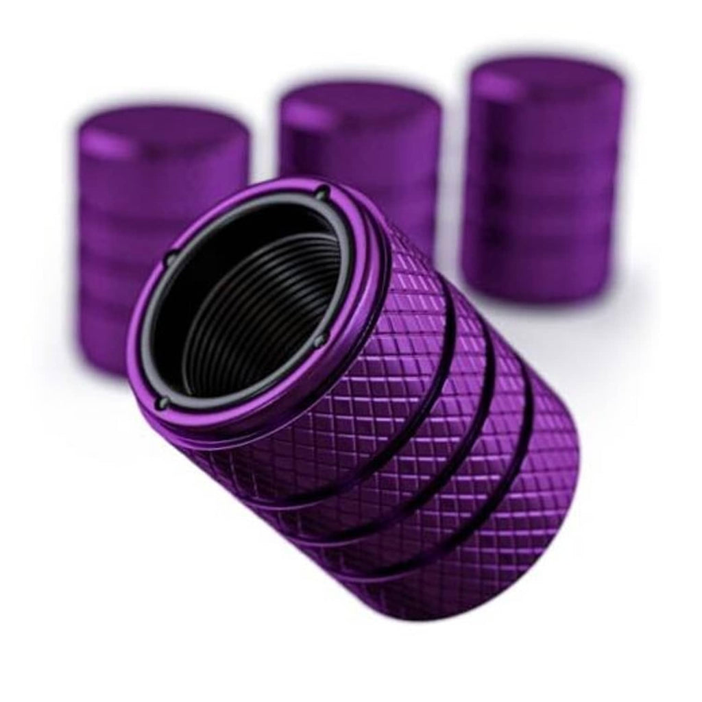 Plum purple aluminum tire valve stem caps with textured grip and rubber inner seal