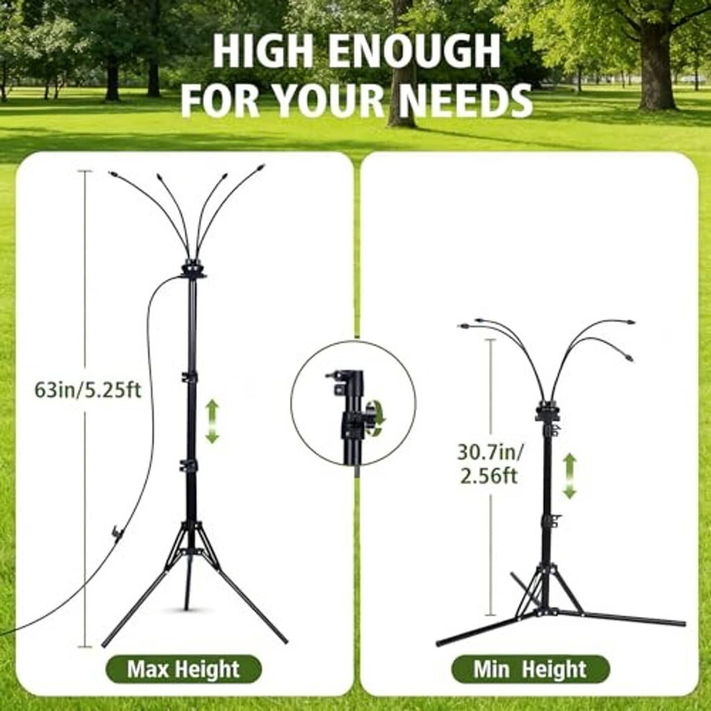 Adjustable outdoor misting system stand with tripod legs and spray head