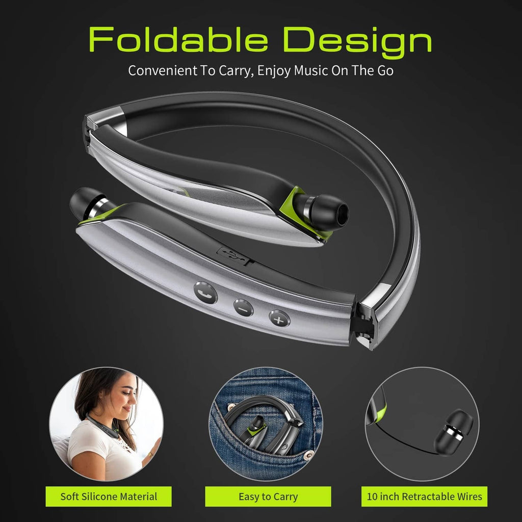 Foldable grey neckband headphones with green-tipped earbuds laid over a compact curve.