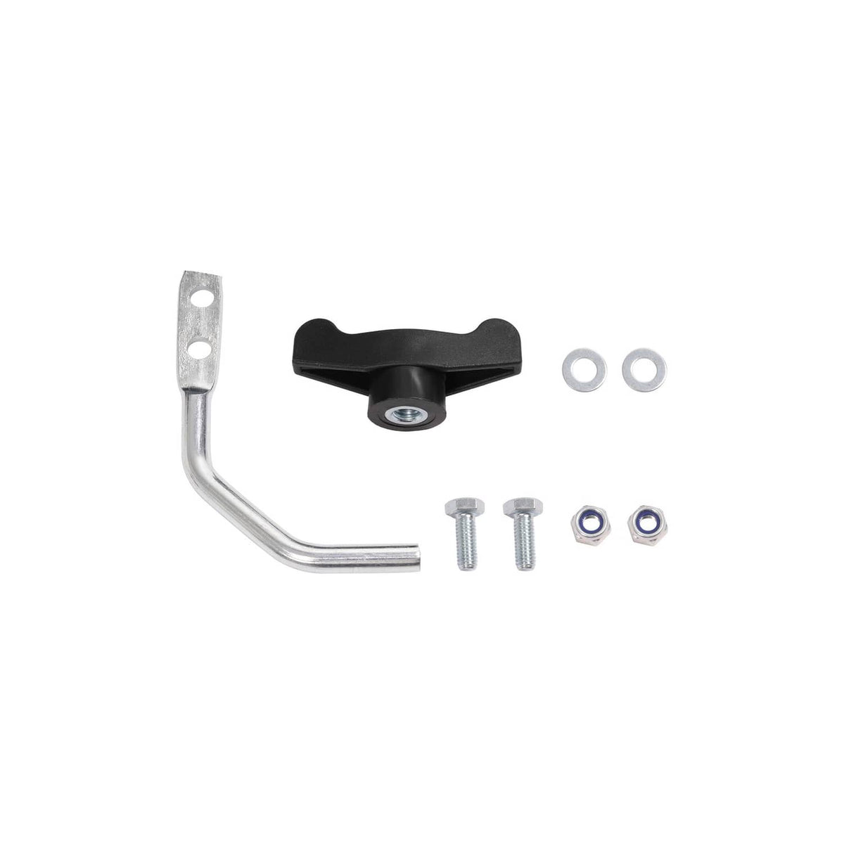 Mulch plug kit parts: black lever handle, U-bend rod, and small mounting hardware