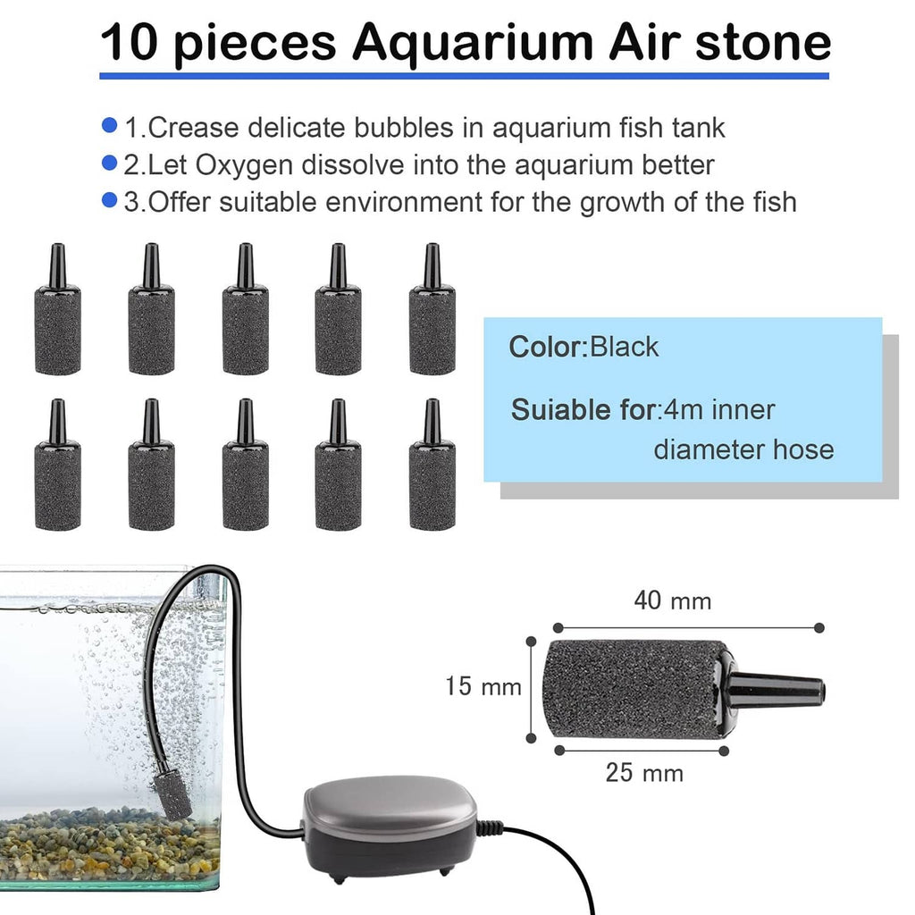 Black aquarium air stone set, 10 pieces, for 4mm inner diameter hose