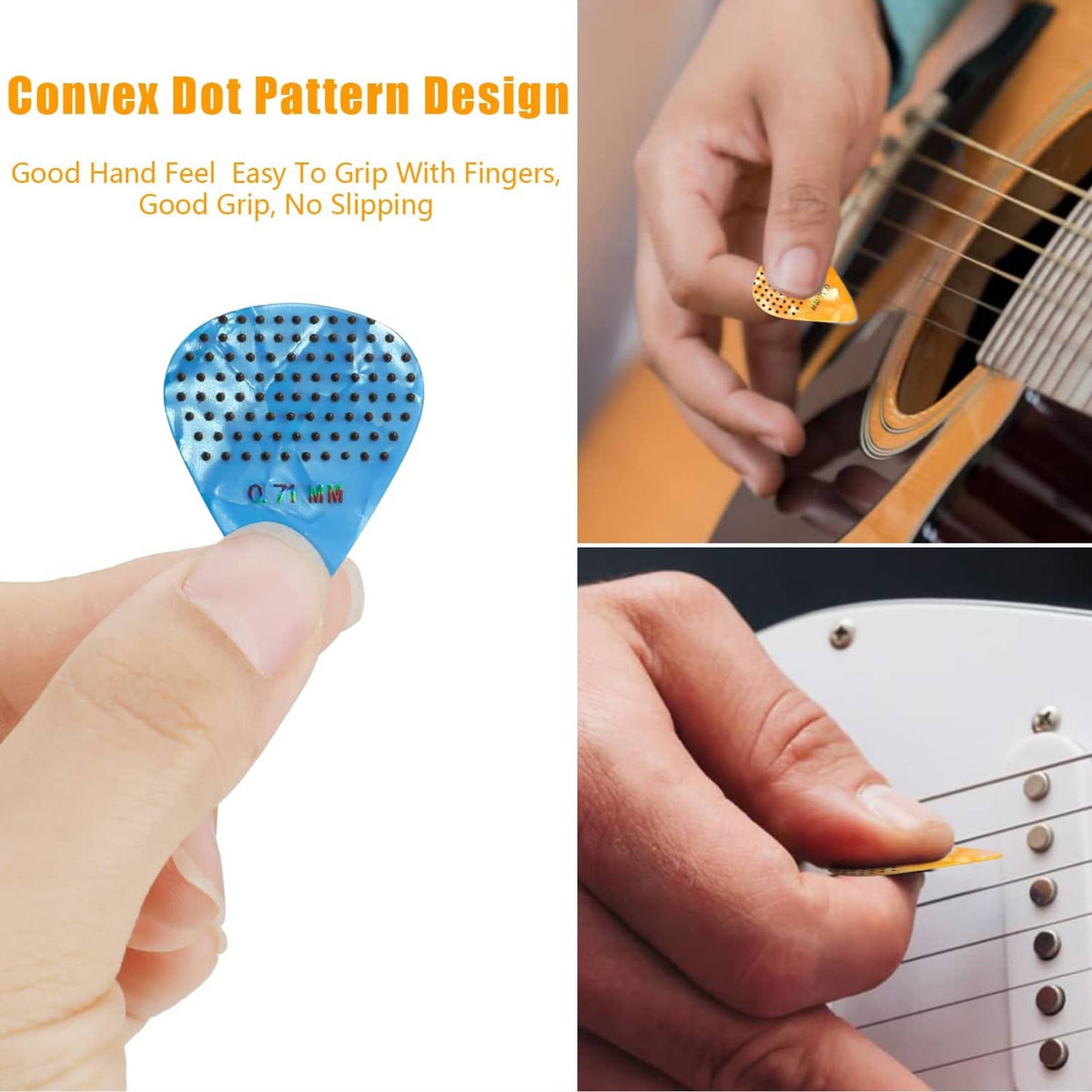Blue non-slip guitar pick with raised dots held between fingers on acoustic guitar strings.