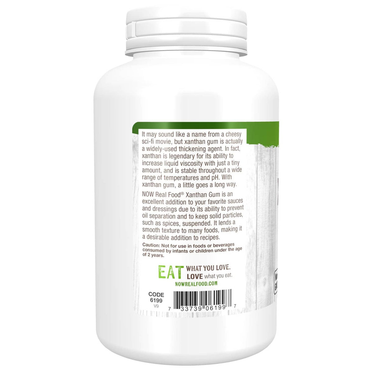 Xanthan gum pure powder bottle with ingredient text and barcode label