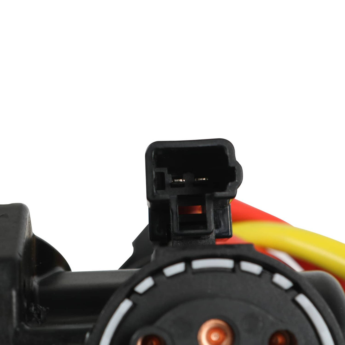 Black ignition lock switch connector with exposed electrical terminals
