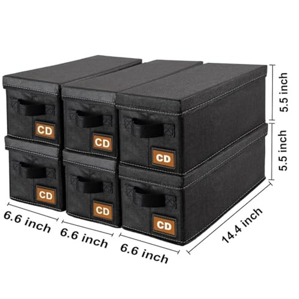 Black fabric 6-pack CD storage set with labeled drawers and marked dimensions