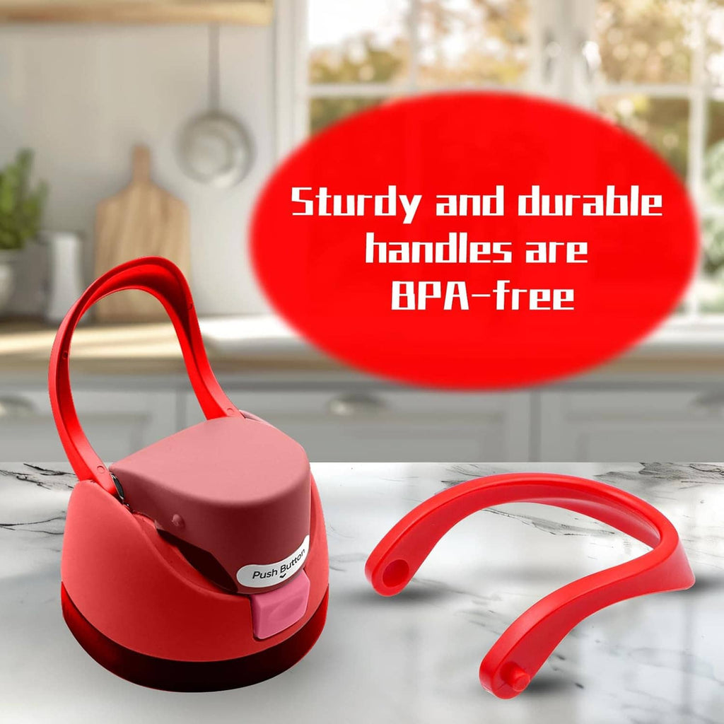 Red carry loop handle on a bottle cap, with matching loose spare handle shown nearby.
