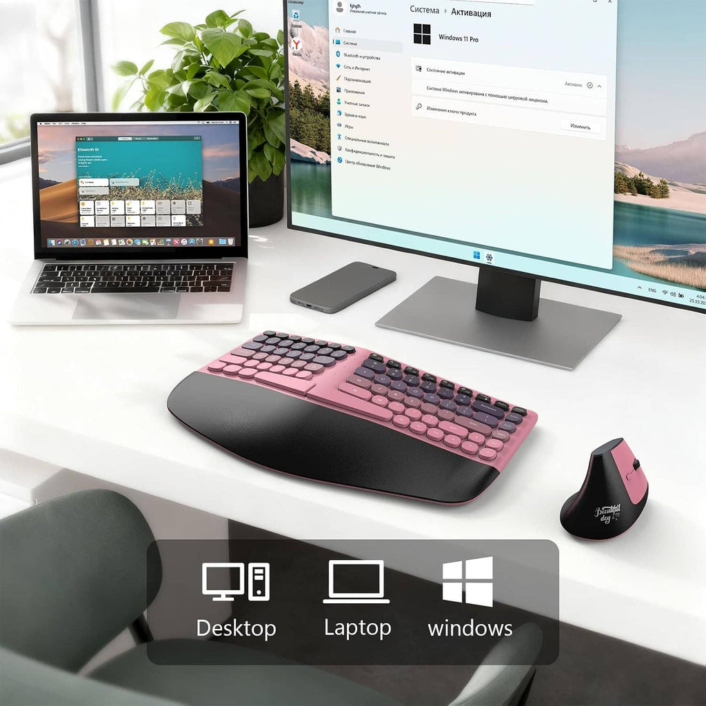 Pink split curved wireless keyboard with wrist rest and matching wireless mouse