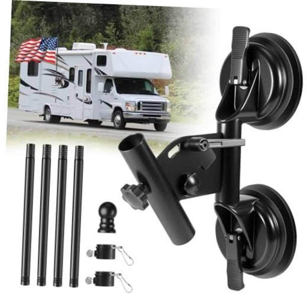 Black RV flag pole suction cup mount with adjustable bracket and flag hardware