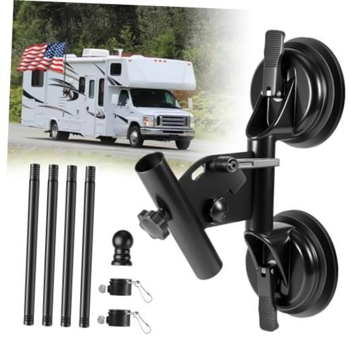 Black RV flag pole suction cup mount with adjustable bracket and flag hardware