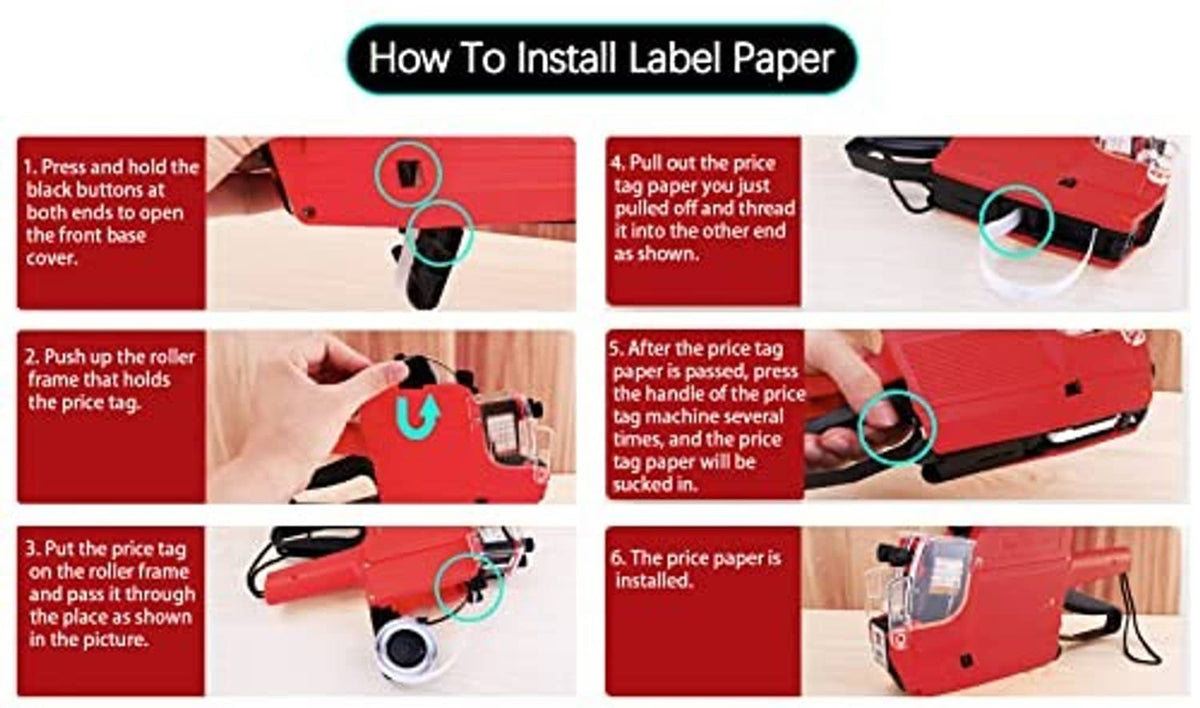 Red price label gun installation steps for loading label paper and adjusting print